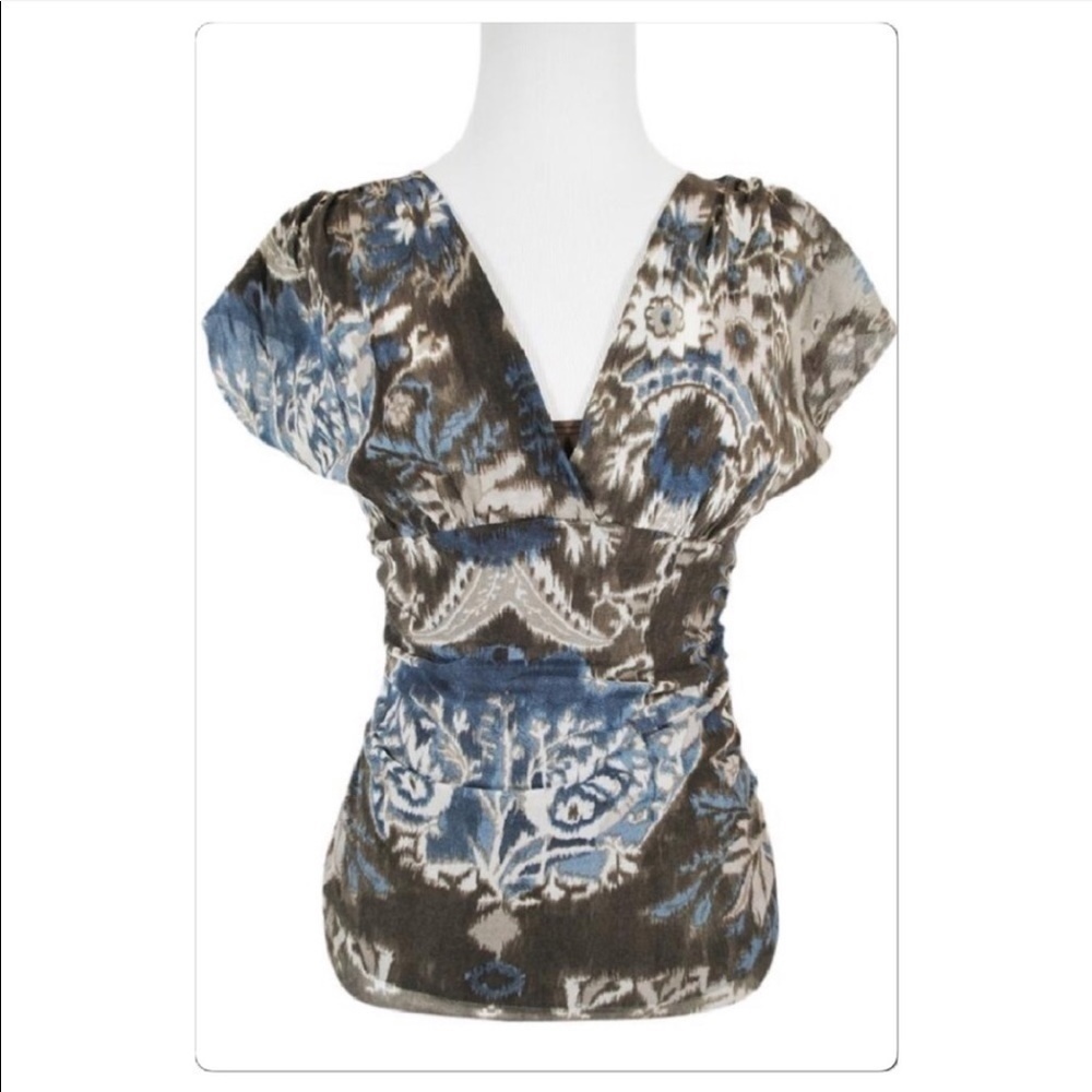 Karen Kane shirred mesh faux wrap blouse size medium
